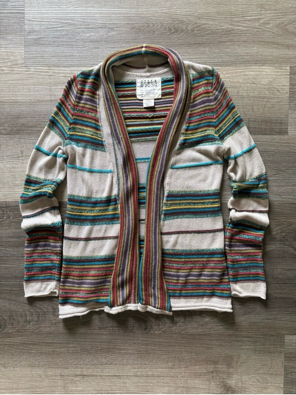 Billabong Multicolor Striped Shawl-Front Cardigan - Teal, Red, Mustard, Brown